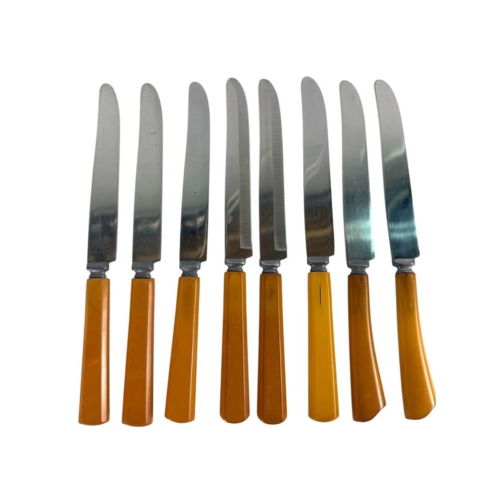 Vintage Valley Forge & Washington Butterscotch Bakelite Handle Stainless Knives - Picture 2 of 7
